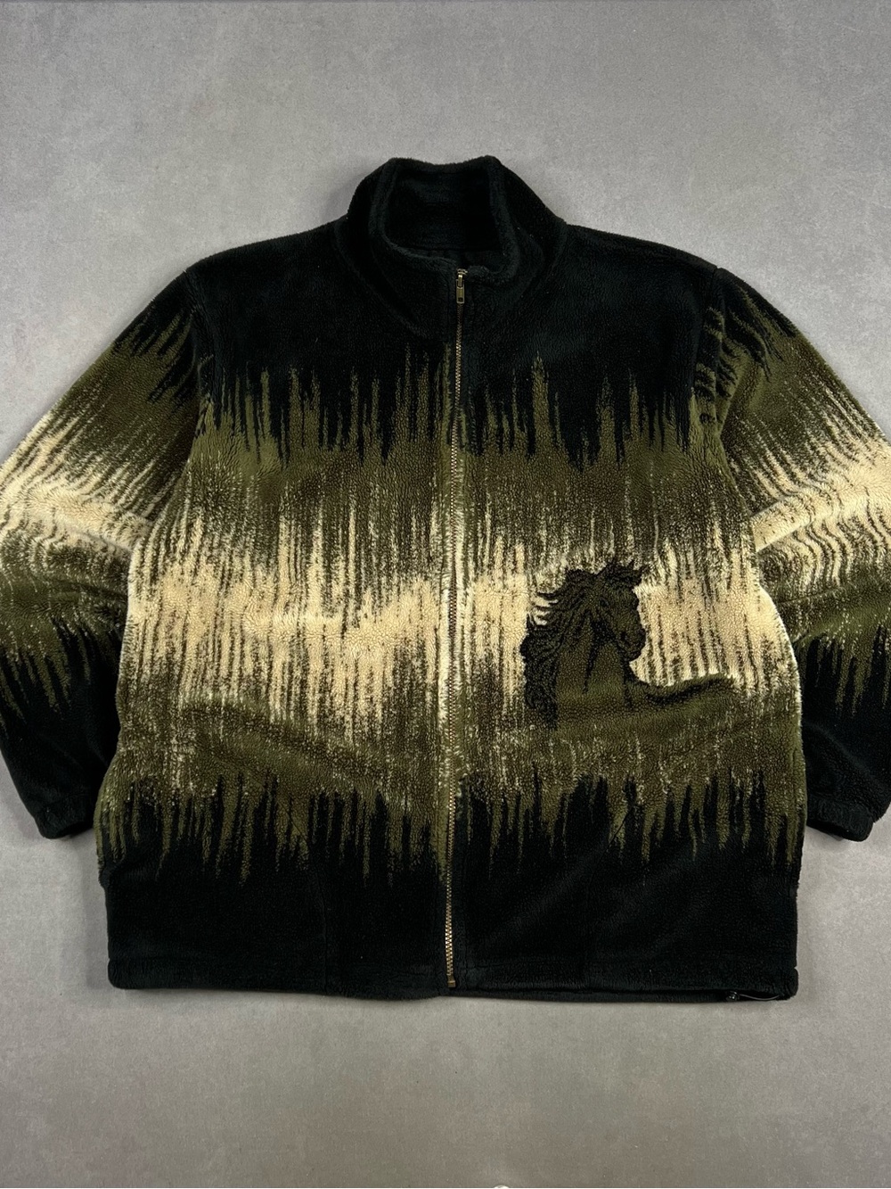 Vintage Patterned Fleece Jacket Black, Olive & Cream Gradient Zip
